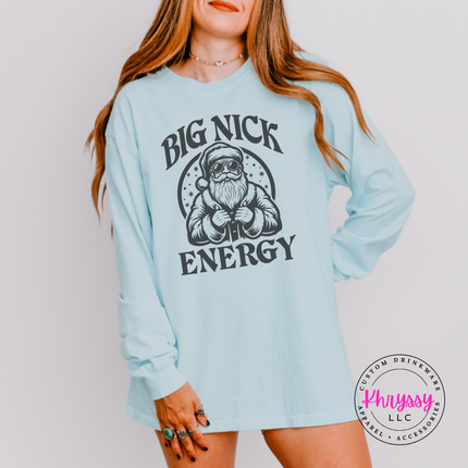 Chambray long sleeve tee showing a buff Santa in sunglasses and bold lettering.