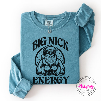 Ice Blue long sleeve tee featuring a cool Santa and Big Nick Energy lettering.