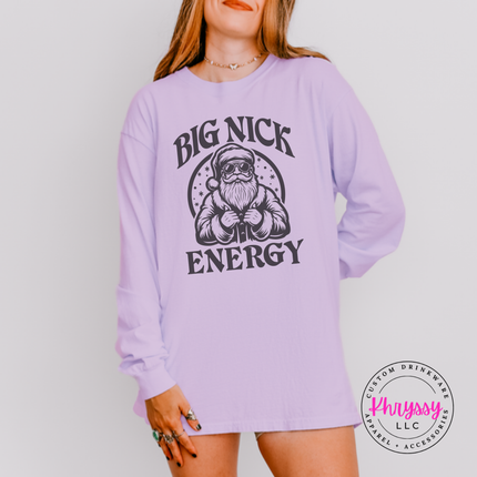 Close up of the Big Nick Energy art on an Orchid long sleeve tee.