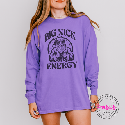 Violet long sleeve tee showing a buff Santa in sunglasses and bold lettering.