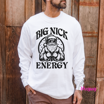 Flat lay of the Big Nick Energy Christmas long sleeve tee in White.