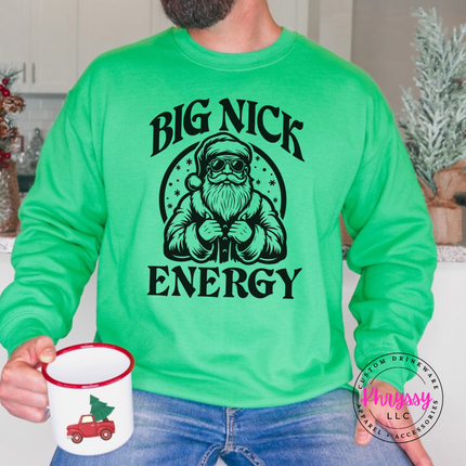 Flat lay of the Big Nick Energy Christmas crewneck sweatshirt in Irish Green.