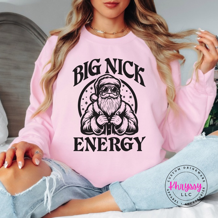 Model wearing the Big Nick Energy crewneck sweatshirt in Light Pink.