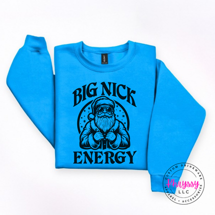 Sport Gray crewneck sweatshirt showing a buff Santa in sunglasses and bold lettering.