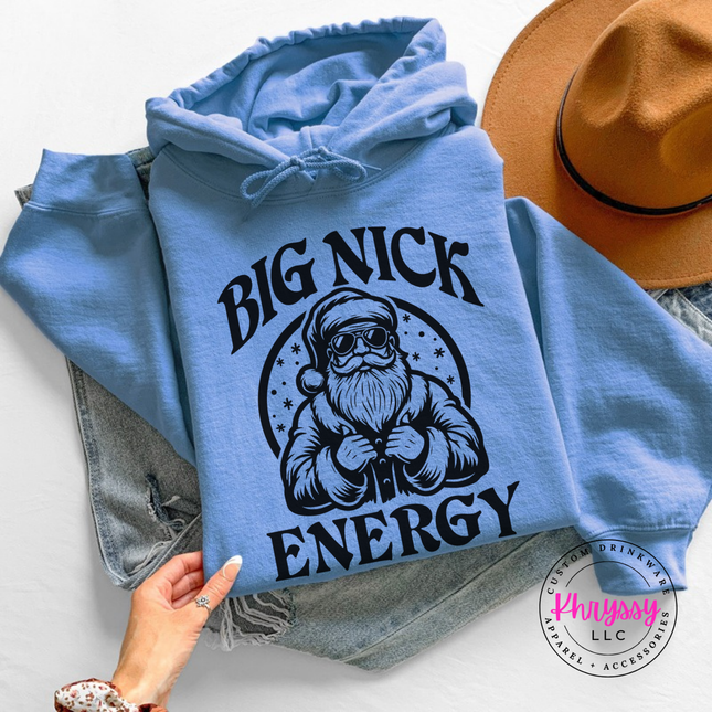 Carolina Blue hoodie featuring a cool Santa and Big Nick Energy lettering.