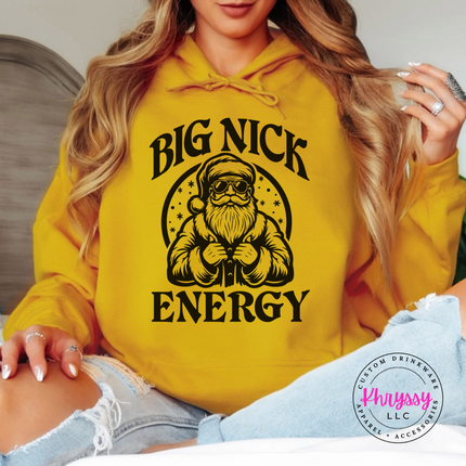 Model wearing the Big Nick Energy hoodie in Gold.