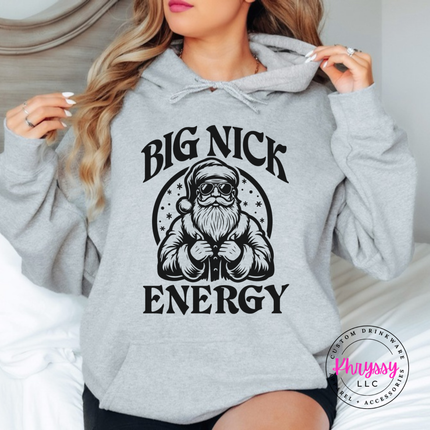 Close up of the Big Nick Energy art on a Sport Gray hoodie.