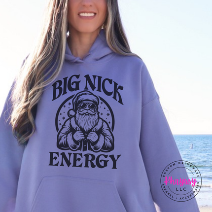 Violet hoodie showing a buff Santa in sunglasses and bold lettering.