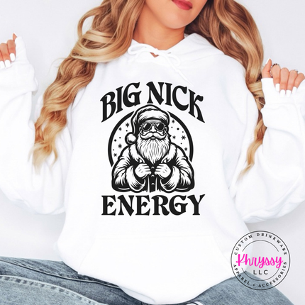 Flat lay of the Big Nick Energy Christmas hoodie in White.