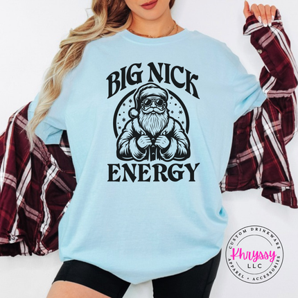 Chambray tee showing a buff Santa in sunglasses and bold lettering.