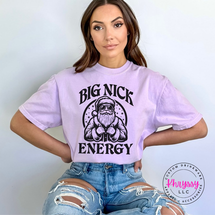 Close up of the Big Nick Energy art on an Orchid tee.