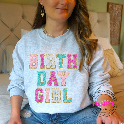 Birthday Girl Faux Chenille Crewneck Sweatshirt Cozy Birthday Gift