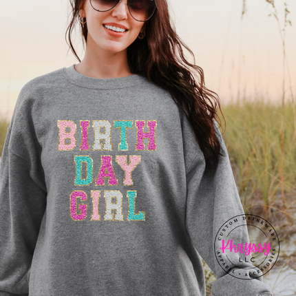 Birthday Girl Faux Chenille Crewneck Sweatshirt Cozy Birthday Gift
