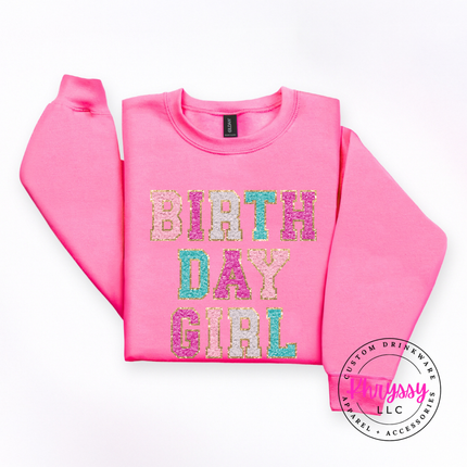 Birthday Girl Faux Chenille Crewneck Sweatshirt Cozy Birthday Gift