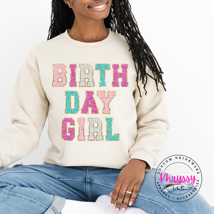 Birthday Girl Faux Chenille Crewneck Sweatshirt Cozy Birthday Gift