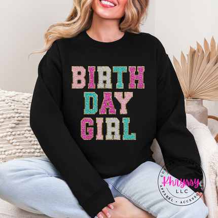 Birthday Girl Faux Chenille Crewneck Sweatshirt Cozy Birthday Gift