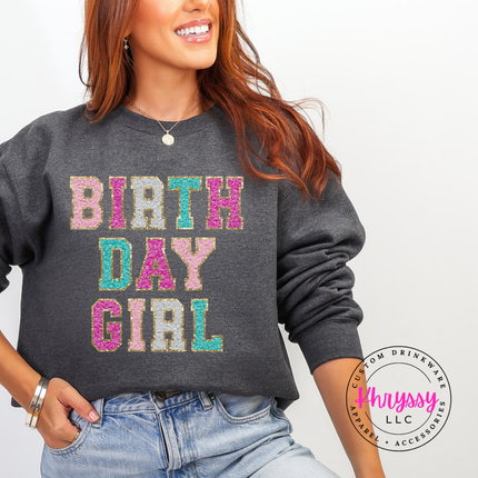Birthday Girl Faux Chenille Crewneck Sweatshirt Cozy Birthday Gift
