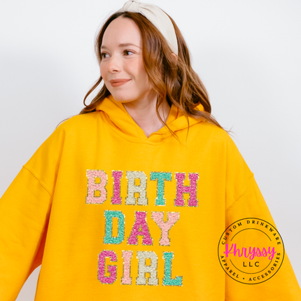 Birthday Girl Faux Chenille Hoodie Warm Festive Gift for Her Birthday