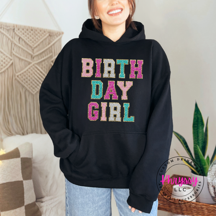Birthday Girl Faux Chenille Hoodie Warm Festive Gift for Her Birthday