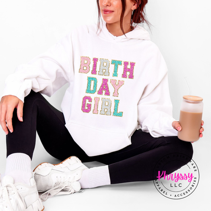 Birthday Girl Faux Chenille Hoodie Warm Festive Gift for Her Birthday