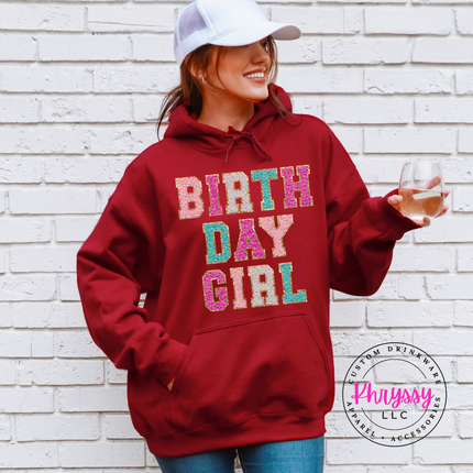 Birthday Girl Faux Chenille Hoodie Warm Festive Gift for Her Birthday