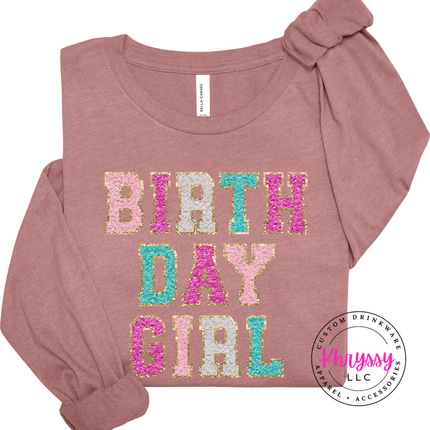 Birthday Girl Faux Chenille Long Sleeve Tee Festive Gift for Her