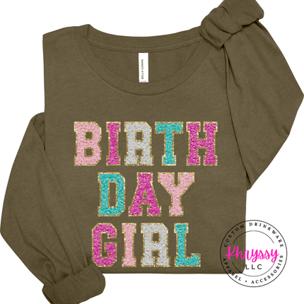 Birthday Girl Faux Chenille Long Sleeve Tee Festive Gift for Her