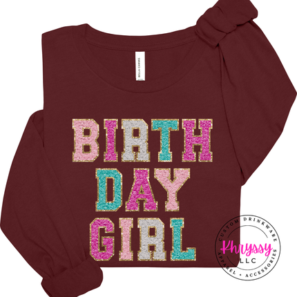 Birthday Girl Faux Chenille Long Sleeve Tee Festive Gift for Her