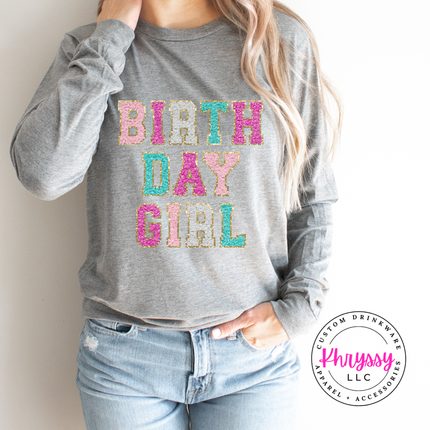 Birthday Girl Faux Chenille Long Sleeve Tee Festive Gift for Her