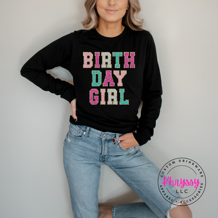 Birthday Girl Faux Chenille Long Sleeve Tee Festive Gift for Her