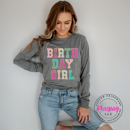 Birthday Girl Faux Chenille Long Sleeve Tee Festive Gift for Her
