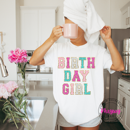 Birthday Girl Faux Chenille Long Sleeve Tee Festive Gift for Her