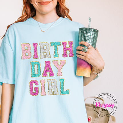 Birthday Girl Faux Chenille Long Sleeve Tee Festive Gift for Her