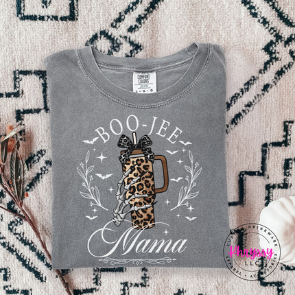 Gray tee with the boujee Halloween mom bats and tumbler graphic
