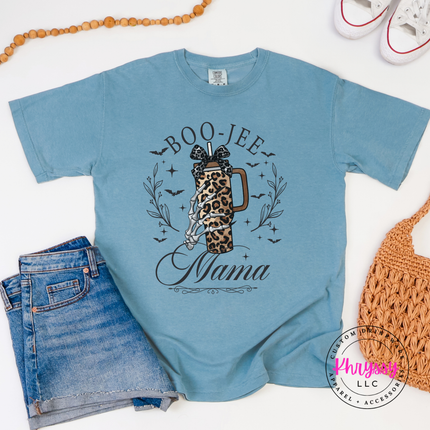 Ice Blue tee with the Boo Jee Mama leopard tumbler graphic
