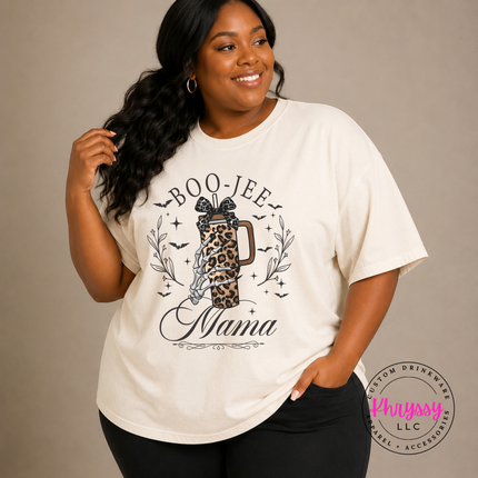 Ivory tee with the spooky boo jee mama skeleton hand design
