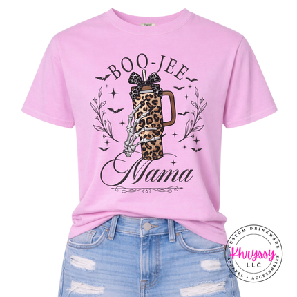 Rose quartz tee featuring a leopard print tumbler and skeleton hand.