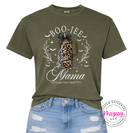 Sage tee with the Boo Jee Mama leopard tumbler graphic