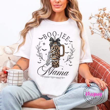 White tee with the spooky boo jee mama skeleton hand design