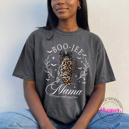 Pepper tee with a boo-jee mama skeleton tumbler illustration.