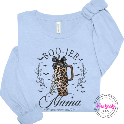 Baby Blue long sleeve tee with the spooky boo jee mama skeleton hand design