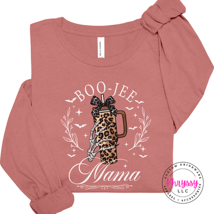 Mauve long sleeve tee with the leopard tumbler with bow Halloween mama print