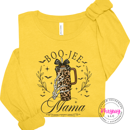Heather Yellow Gold long sleeve tee with the boujee Halloween mom bats and tumbler graphic