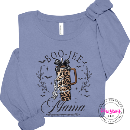 Lavender Blue long sleeve tee with the Boo Jee Mama leopard tumbler graphic