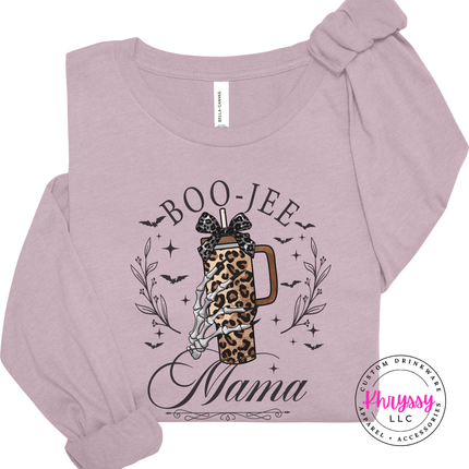 Light Violet long sleeve tee with the spooky boo jee mama skeleton hand design