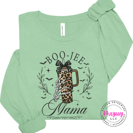 Mint long sleeve tee with the boujee Halloween mom bats and tumbler graphic