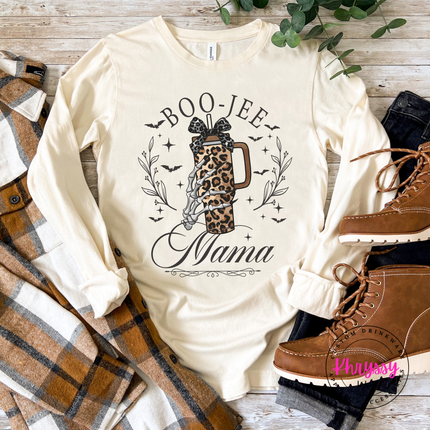 Natural tee featuring a skeleton hand holding a leopard tumbler.