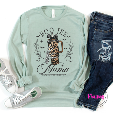 Heather dusty blue tee styled for fall, featuring a skeleton tumbler design.