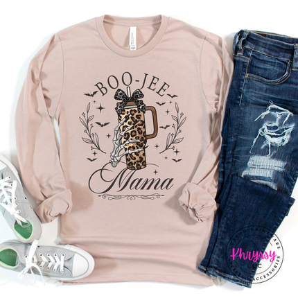 Heather pink gravel colored top with a hand-illustrated boo-jee mama print.