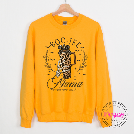 Gold crewneck sweatshirt with the spooky boo jee mama skeleton hand design